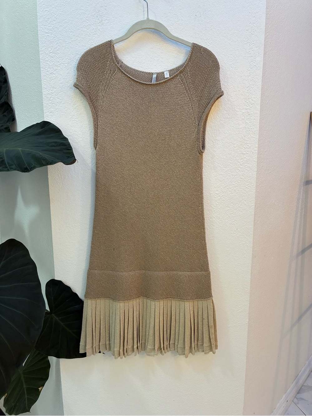 Iisli Beige Gold Knit Drop Waist Mini Dress with Pleated Hem